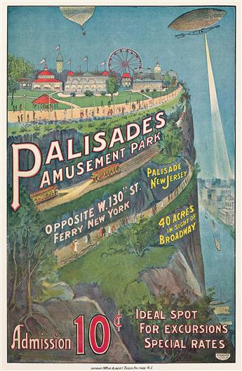 DESIGNER UNKNOWN. PALISADES AMUSEMENT PARK. 1909. 20½x13½ inches, 52x34¼ cm. Standard Litho. Co., New York.                                      